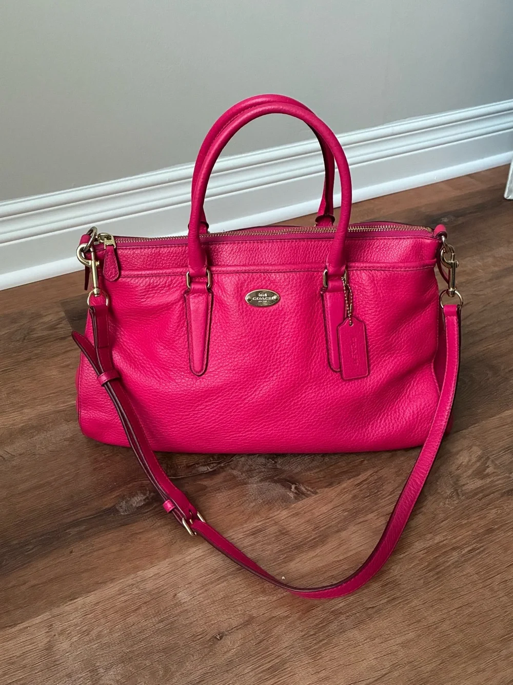 Coach Pink Pebbled Leather Satchel with Rainbow Chain EUC